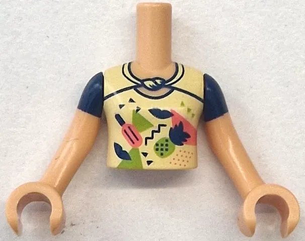 Torso Mini Doll Girl Bright Light Yellow Top with Coral and Lime Popsicle, Pineapple, Triangles and Shapes Pattern, Medium Tan Arms with Hands with Dark Blue Short Sleeves