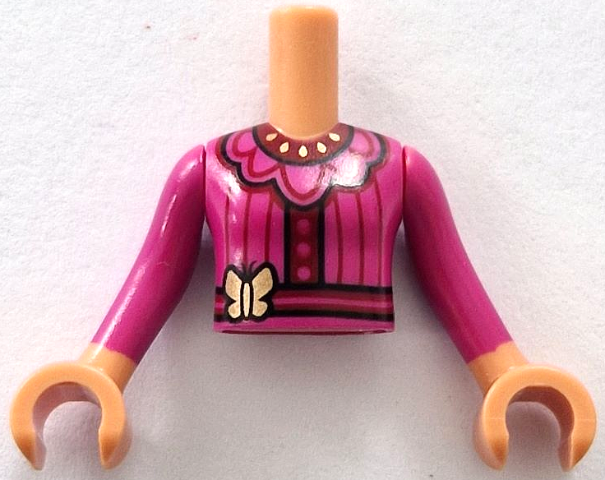 Torso Mini Doll Girl Magenta Dress Top with Belt, Gold Butterfly, Dark Red Trim and Stripes Pattern, Nougat Arms with Hands with Magenta Long Sleeves
