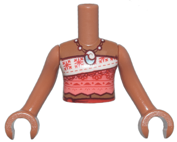 Torso Mini Doll Girl White and Coral Strapless Top with Red Snowflakes and Flowers, Beaded Necklace with Metallic Light Blue Pendant, Tied Sash Belt Pattern, Sienna Arms with Hands