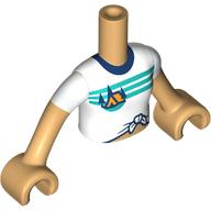Torso Mini Doll Girl White Knotted T-Shirt with Orange Tent and Dark Blue Trees, Dark Turquoise Sky Stripes and Ground Pattern, Medium Tan Arms with Hands with White Short Sleeves