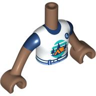 Torso Mini Doll Girl White T-Shirt with Orange Tent, Dark Blue Trees, Dark Turquoise Sky and Ground, Light Aqua Belt Pattern, Medium Brown Arms with Hands with Dark Blue Short Sleeves