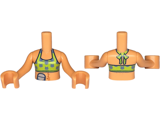 Torso Mini Doll Girl Lime Green Bikini Top with Sand Blue Cat Head Silhouettes, Light Bluish Gray Ostomy Bag, and Dark Orange Scar on Stomach Pattern, Nougat Arms with Hands