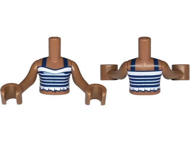 Torso Mini Doll Girl Dark Blue and White Striped Halter Top with Ruffles Pattern, Medium Brown Arms with Hands