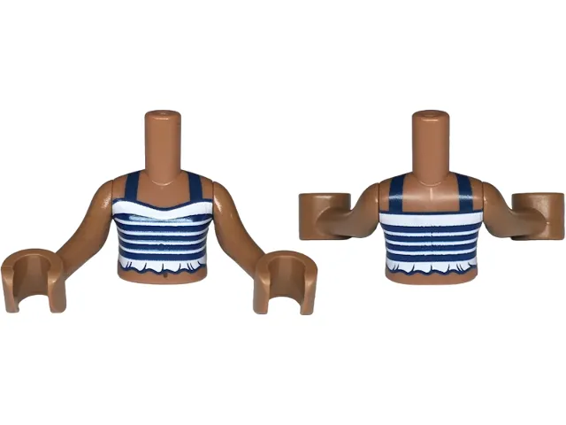 Torso Mini Doll Girl Dark Blue and White Striped Halter Top with Ruffles Pattern, Medium Brown Arms with Hands