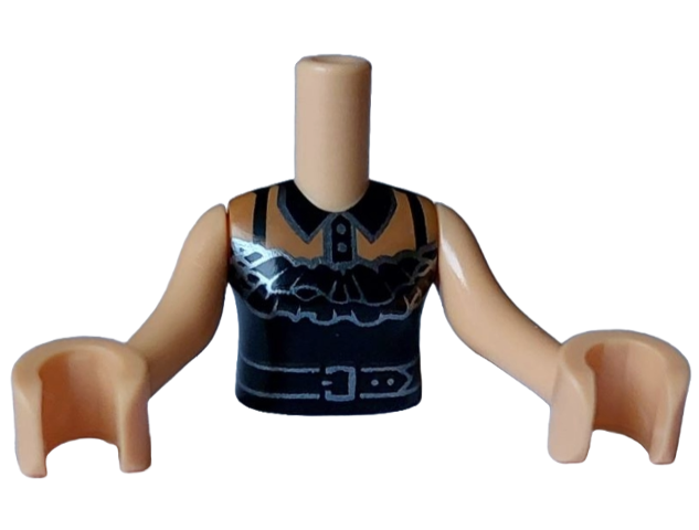 Torso Mini Doll Girl Black Halter Top with Silver Belt and Ruffles over Medium Nougat Shirt with Collar and Buttons Pattern, Medium Tan Arms with Hands