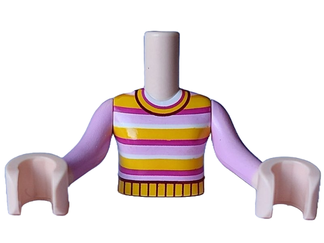 Torso Mini Doll Girl Bright Pink, Magenta, White and Yellow Striped Sweater Pattern, Light Nougat Arms with Hands with Bright Pink Long Sleeves
