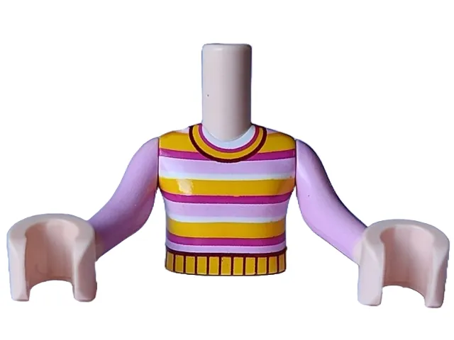Torso Mini Doll Girl Bright Pink, Magenta, White and Yellow Striped Sweater Pattern, Light Nougat Arms with Hands with Bright Pink Long Sleeves
