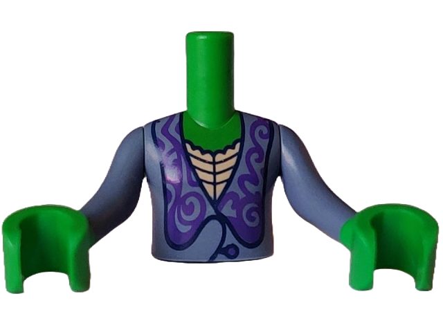 Torso Mini Doll Girl Sand Blue Dress Top with Tan Inset, Dark Blue Lines and Dark Purple Button and Filigree Collar Pattern, Bright Green Arms with Hands with Sand Blue Long Sleeves