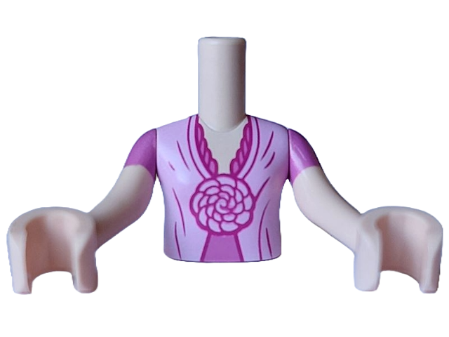 Torso Mini Doll Girl Bright Pink and Dark Pink Dress Top with Magenta Folds and Pom Pom Flowers Pattern, Light Nougat Arms with Hands with Dark Pink Short Sleeves