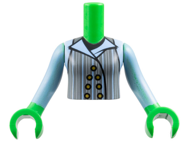 Torso Mini Doll Girl Dark Bluish Gray Vest with Gold Buttons, Light Bluish Gray and Bright Light Blue Pinstripes and Lapels over Black T-Shirt Pattern, Bright Green Arms with Hands with Bright Light Blue Long Sleeves