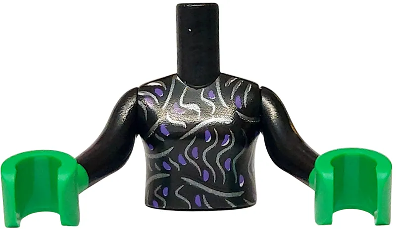 Torso Mini Doll Girl Dress Top with Dark Purple Spots and Silver Wavy Lines Pattern, Bright Green Arms with Hands with Black Long Sleeves