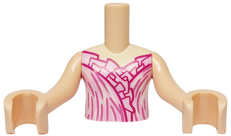 Torso Mini Doll Girl Bright Pink Dress Top with Magenta Ruffles, Dark Pink and White Curved Lines Pattern, Light Nougat Arms with Hands