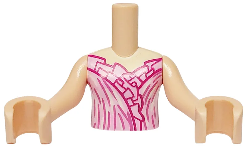 Torso Mini Doll Girl Bright Pink Dress Top with Magenta Ruffles, Dark Pink and White Curved Lines Pattern, Light Nougat Arms with Hands