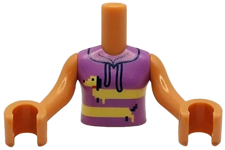 Torso Mini Doll Girl Medium Lavender Sleeveless Hoodie with Black Strings and Bright Light Yellow Dachshund with Red Collar Pattern, Nougat Arms with Hands
