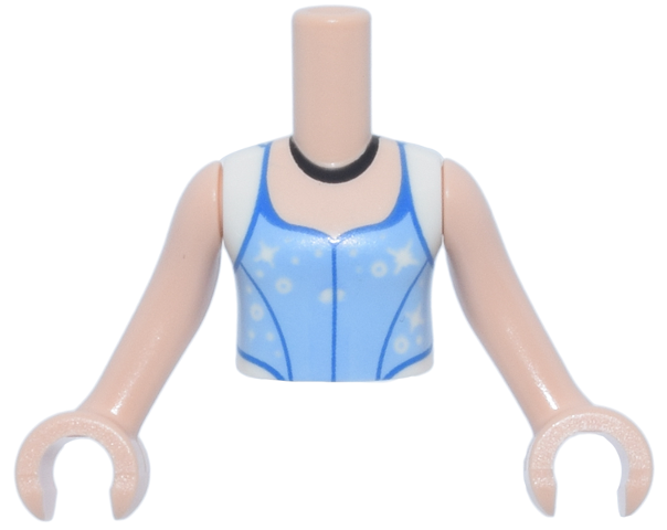 Torso Mini Doll Girl Bright Light Blue Top with White Cap Sleeves, Blue Trim, White Dots and Sparkles, Black Necklace Pattern, Light Nougat Arms with Hands