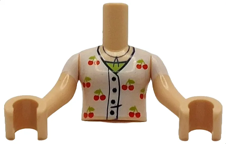 Torso Mini Doll Girl White Shirt with Black Buttons and Red Cherries over Lime Top Pattern, Light Nougat Arms with Hands with White Short Sleeves