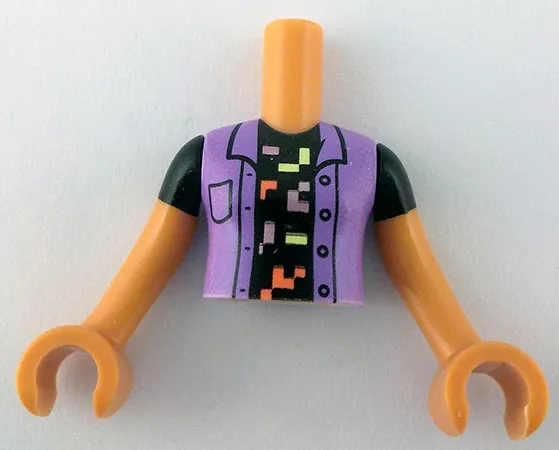 Torso Mini Doll Girl Medium Lavender Jacket over Black T-Shirt with Coral, Yellowish Green and Metallic Pink Pixellated Shapes Pattern, Nougat Arms with Hands with Black Short Sleeves
