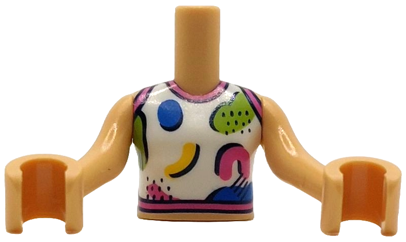 Torso Mini Doll Girl White Tank Top with Dark Pink Trim, Black Lines and Dots and Blue, Lime and Yellow Shapes Pattern, Medium Tan Arms with Hands