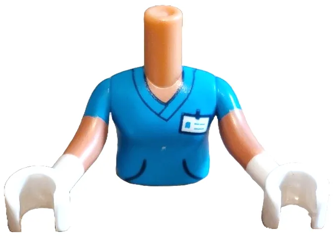 Torso Mini Doll Girl Dark Azure Shirt with Black Pockets and White Name Tag Pattern, Nougat Arms with Hands with Dark Azure Short Sleeves and White Gloves