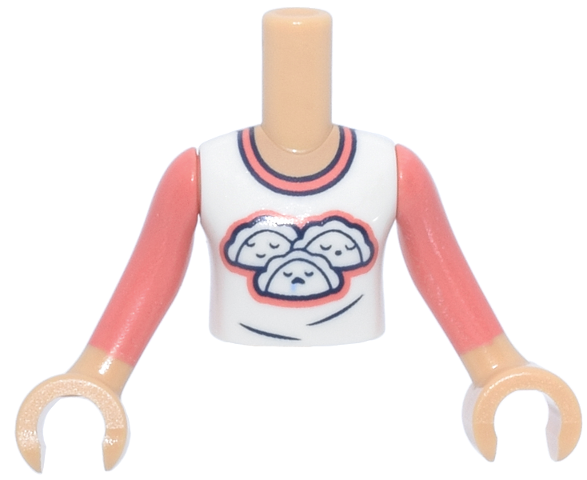 Torso Mini Doll Girl White T-Shirt with Dumplings / Sleeping Faces, Coral and Dark Blue Trim Pattern, Medium Tan Arms with Hands with Coral Long Sleeves