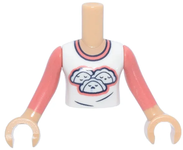 Torso Mini Doll Girl White T-Shirt with Dumplings / Sleeping Faces, Coral and Dark Blue Trim Pattern, Medium Tan Arms with Hands with Coral Long Sleeves