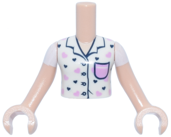 Torso Mini Doll Girl White Pajama Top with Hearts, Bright Pink Pocket, and Dark Blue Trim and Buttons Pattern, Light Nougat Arms with Hands with White Short Sleeves