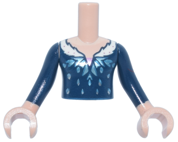 Torso Mini Doll Girl Dark Blue Dress Top with Metallic Light Blue Snowflake and White Fur Collar with Metallic Pink Dots Pattern, Light Nougat Arms with Hands with Dark Blue Long Sleeves