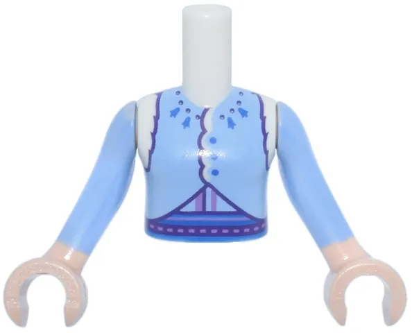 Torso Mini Doll Girl Bright Light Blue Coat with Fur, Dark Purple Trim, Blue Buttons and Bells Pattern, Light Nougat Arms with Hands with Bright Light Blue Long Sleeves