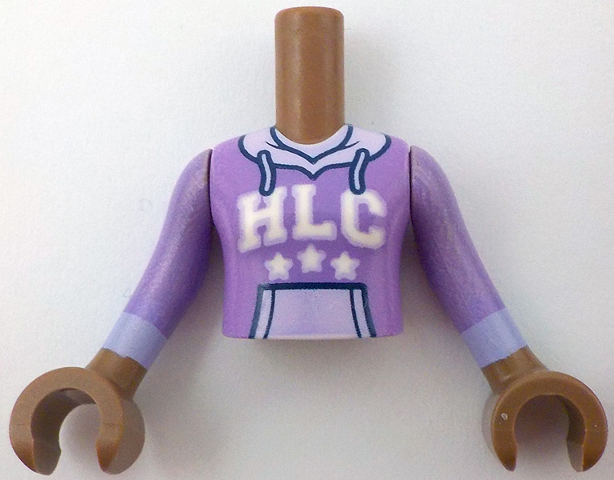 Torso Mini Doll Girl Medium Lavender Hoodie with Lavender Kangaroo Pocket and Hood, White 'HLC' and Stars Pattern, Medium Brown Arms with Hands with Medium Lavender Long Sleeves with Lavender Cuffs