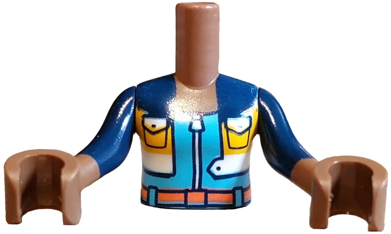 Torso Mini Doll Girl Dark Blue, White and Yellow Jacket Open with Pockets over Medium Azure Jumpsuit with Zipper and Coral Belt Pattern, Medium Brown Arms with Hands with Dark Blue Long Sleeves