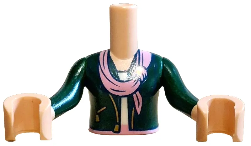 Torso Mini Doll Girl Dark Green Jacket Open with Gold Pocket and Zippers over White Top, Bright Pink Belt and Scarf Pattern, Light Nougat Arms with Hands with Dark Green Long Sleeves