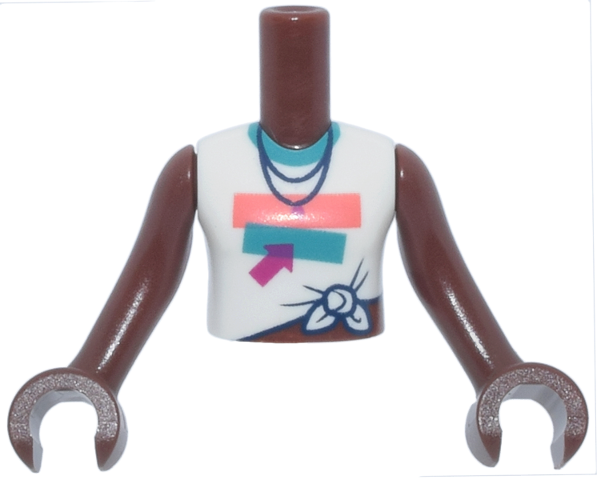 Torso Mini Doll Girl White Knotted Sleeveless Shirt with Coral and Dark Turquoise Panels and Collar, Magenta Arrow and Dot, Dark Blue Necklace with Bow on Back Pattern, Reddish Brown Arms with Hands
