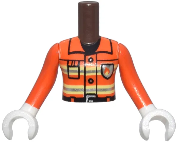 Torso Mini Doll Girl Reddish Orange Fire Suit Jacket with Bright Light Yellow and Silver Reflective Stripes, Buckle, Buttons and Fire Logo Badge, Black Belt, Collar and Pocket Pattern, Reddish Orange Arms / Sleeves with White Hands / Gloves