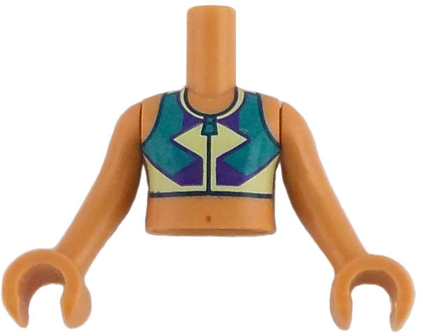 Torso Mini Doll Girl Dark Turquoise, Yellowish Green and Dark Purple Sleeveless Top Short with Zipper Pattern, Nougat Arms with Hands