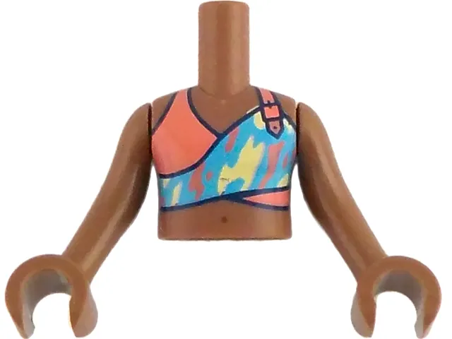 Torso Mini Doll Girl Coral, Medium Azure and Bright Light Yellow Sleeveless Tank Top Short Pattern, Medium Brown Arms with Hands