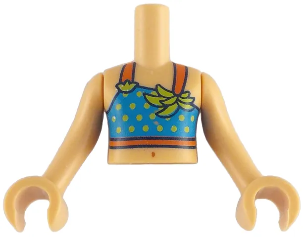 Torso Mini Doll Girl Dark Azure Sleeveless Top Short with Reddish Orange Straps, Yellow Dots, Lime Leaves Pattern, Medium Tan Arms with Hands