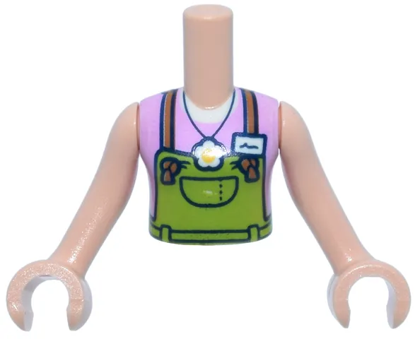 Torso Mini Doll Girl Lime Overalls, Medium Nougat Straps, White Flower Pendant and Name Tag Over Bright Pink Sleeveless Top Pattern, Light Nougat Arms with Hands