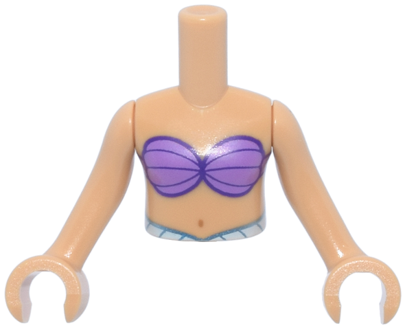 Torso Mini Doll Girl Medium Lavender Bikini Shell Bra Top, Metallic Light Blue and White Belt Pattern, Medium Tan Arms with Hands
