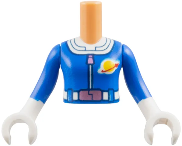 Torso Mini Doll Girl Blue Astronaut Costume, White Collar and Belt, Metallic Pink Zipper and Buckle, Red and Yellow Classic Space Logo Pattern, Blue Arms / Sleeves with White Hands / Gloves