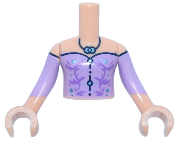 Torso Mini Doll Girl Lavender Off the Shoulder Top, Medium Lavender Filigree, Dark Blue Trim and Necklace, Metallic Light Blue Pendant Pattern, Light Nougat Arms with Hands with Lavender Sleeves