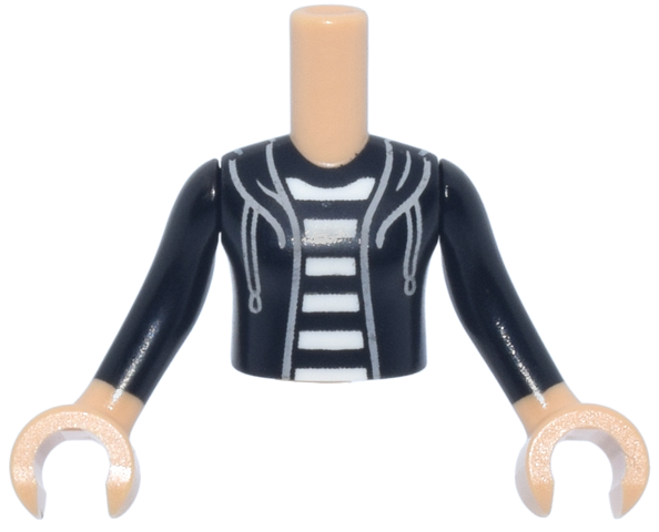 Torso Mini Doll Girl Hoodie with Light Bluish Gray Strings over Black and White Striped Shirt Pattern, Medium Tan Arms with Hands with Black Long Sleeves