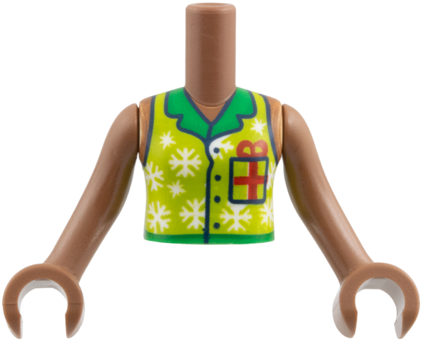 Torso Mini Doll Girl Lime Vest with Buttons, Green Collar, White Snowflakes, Dark Blue Gift, Red Bow Pattern, Medium Brown Arms with Hands