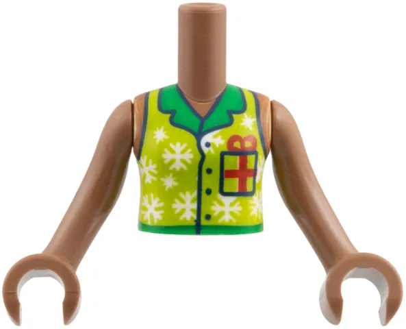 Torso Mini Doll Girl Lime Vest with Buttons, Green Collar, White Snowflakes, Dark Blue Gift, Red Bow Pattern, Medium Brown Arms with Hands