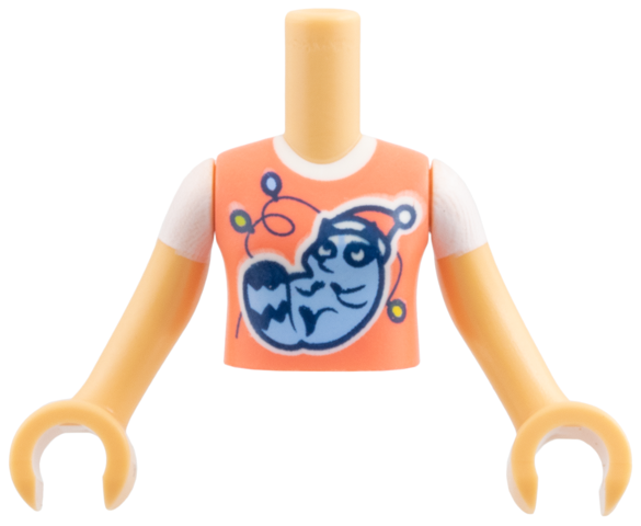 Torso Mini Doll Girl Coral Top with Bright Light Blue Raccoon with Santa Hat over White T-Shirt Pattern, Medium Tan Arms with Hands with White Short Sleeves