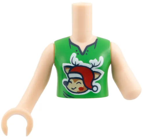 Torso Mini Doll Girl Bright Green Sleeveless Top with Black Buttons, Medium Nougat and Tan Reindeer with Red Santa Hat on White Background Pattern, Light Nougat Arm Left, Light Nougat Arm with Hand Right
