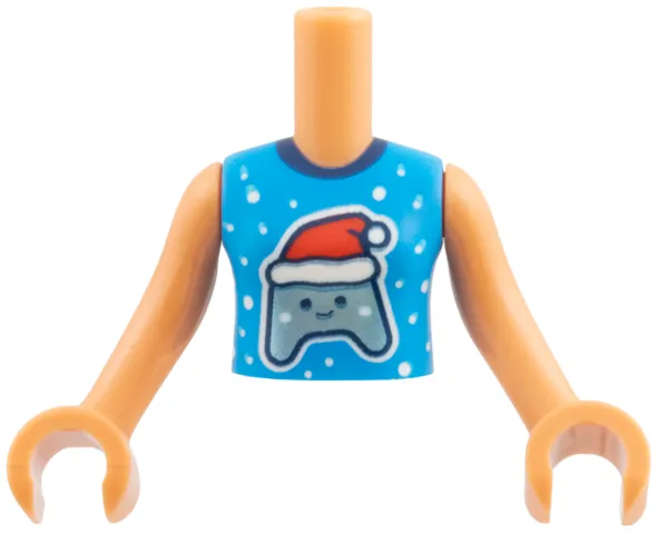 Torso Mini Doll Girl Dark Azure Sleeveless Top with Dark Blue Collar, White Snowflakes, Metallic Light Blue Game Controller with Santa Hat Pattern, Nougat Arms with Hands