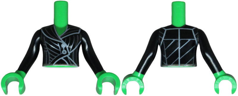 Torso Mini Doll Girl Coat Top with Silver Buttons and Stripes, Light Bluish Gray Trim Pattern, Bright Green Arms with Hands with Black Long Sleeves