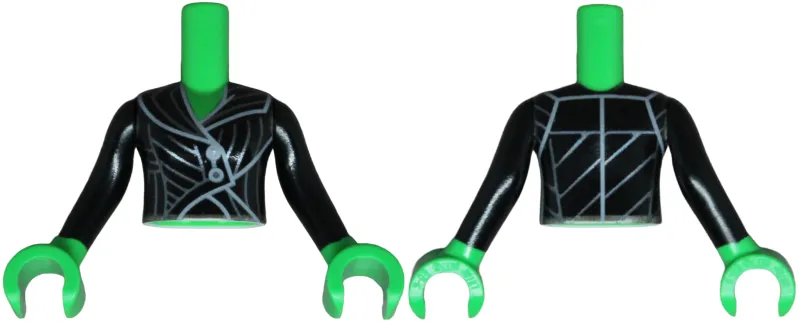 Torso Mini Doll Girl Coat Top with Silver Buttons and Stripes, Light Bluish Gray Trim Pattern, Bright Green Arms with Hands with Black Long Sleeves