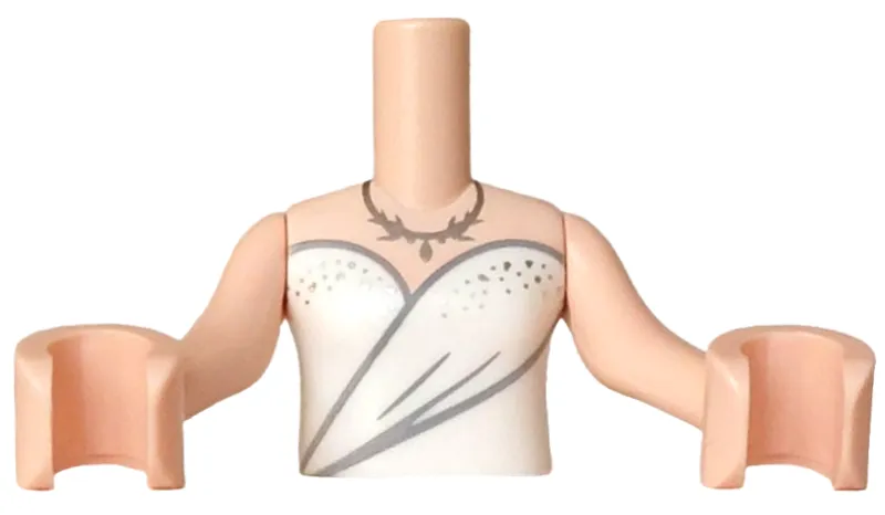 Torso Mini Doll Girl White Sleeveless Dress Top with Dark Bluish Gray Trim, Silver Dots and Necklace Pattern, Light Nougat Arms with Hands