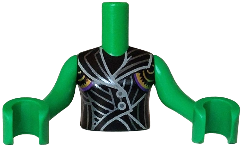 Torso Mini Doll Girl Sleeveless Coat Top with Silver Buttons and Stripes, Light Bluish Gray Trim, Gold Filigree Pattern, Bright Green Arms with Hands